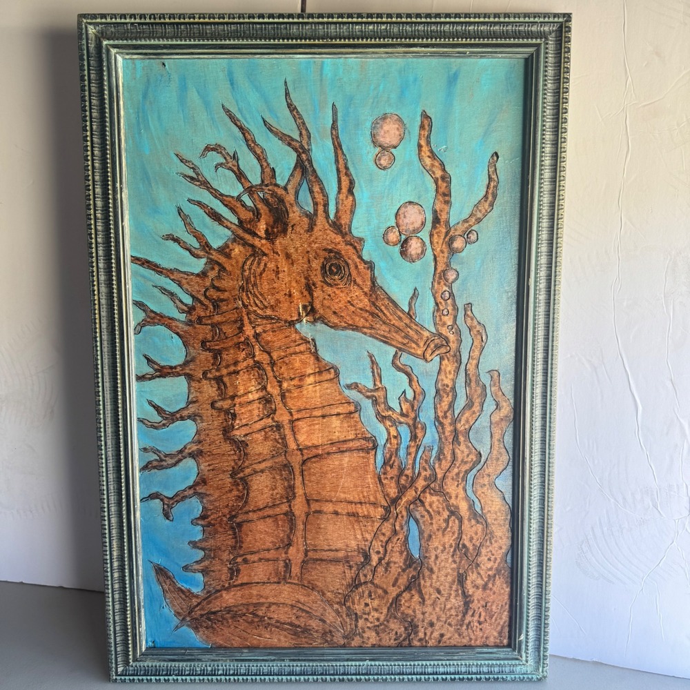 Handmade Seahorse Carved Wood Painting 26x16 Tropical Coastal decor nautical Art - Picture 9 of 10